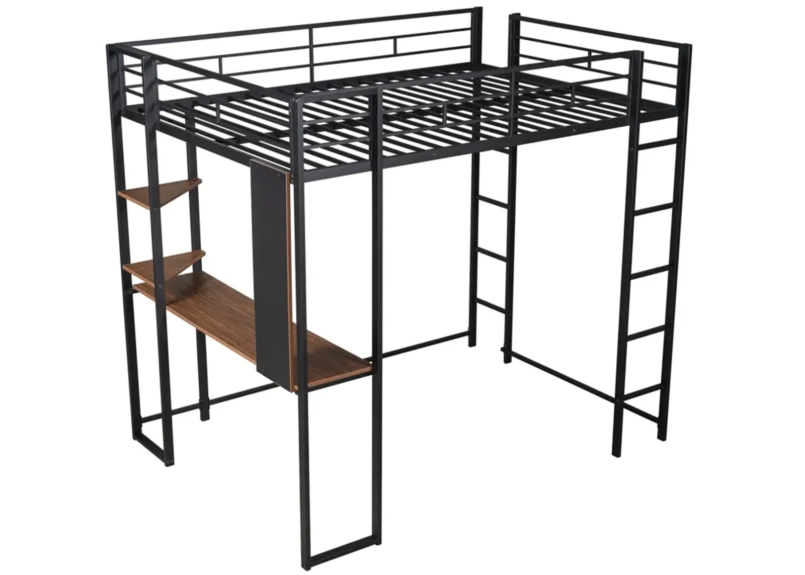 Full Size Metal Loft Bed With 2 Shelves And One Desk