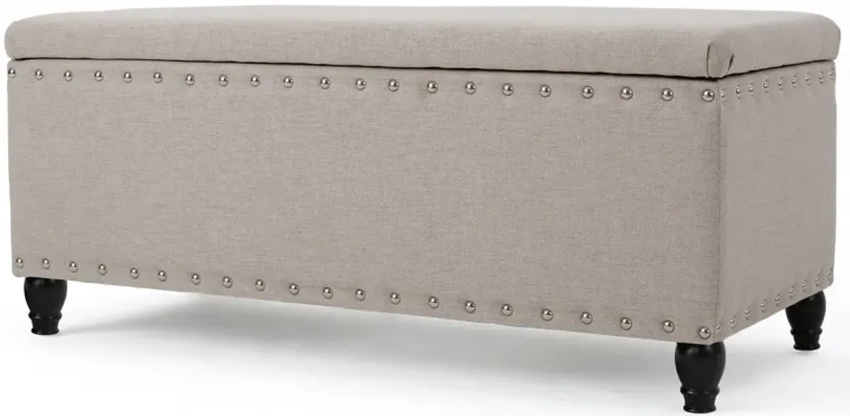 Sharon Storage Ottoman Bench, Beige Fabric, Nailhead Trim, 42 Inch -Benzara