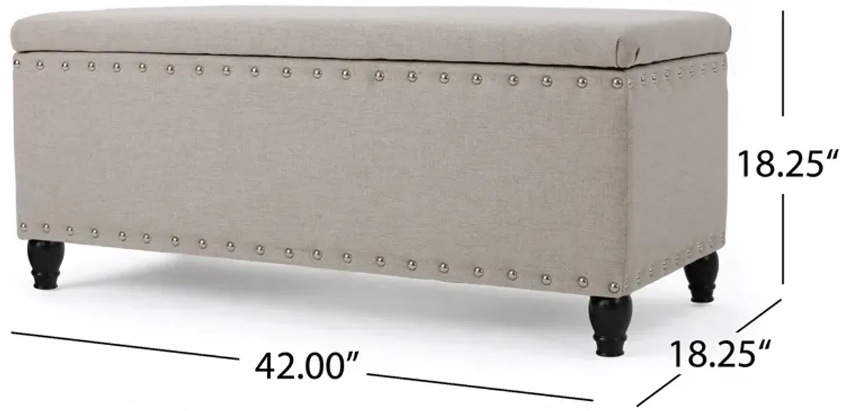 Sharon Storage Ottoman Bench, Beige Fabric, Nailhead Trim, 42 Inch -Benzara