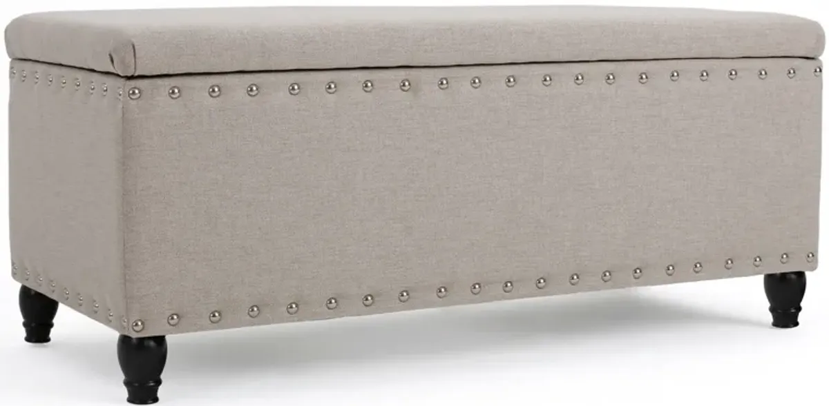 Sharon Storage Ottoman Bench, Beige Fabric, Nailhead Trim, 42 Inch -Benzara