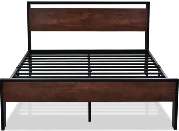 QuikFurn Full Metal Platform Bed Frame with Mahogany Wood Panel Headboard Footboard