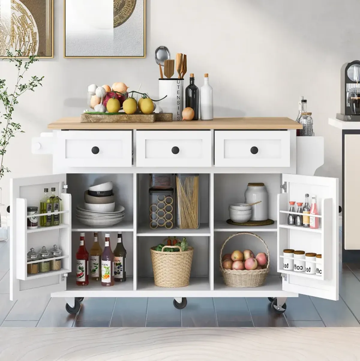 Merax Kitchen Cart on 5 Wheels with Storage Cabinet