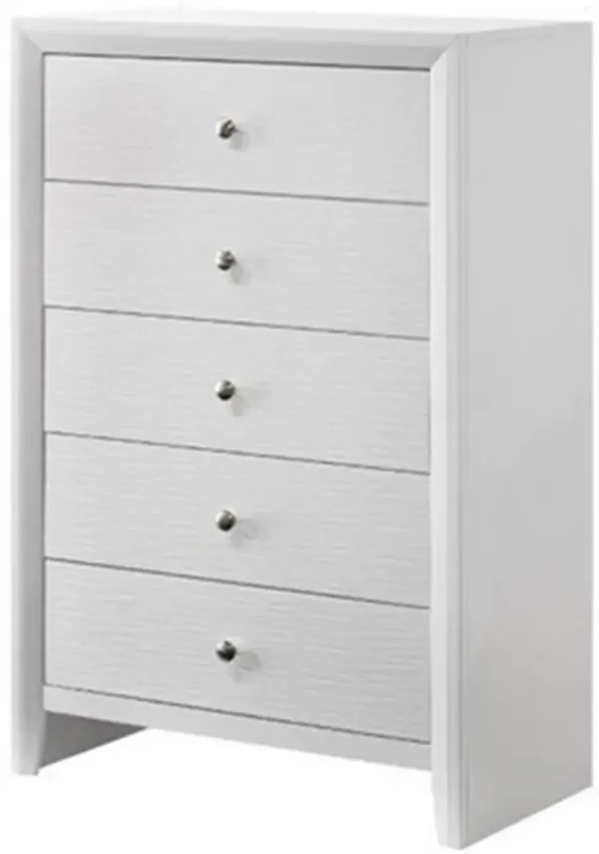 Eve 47 Inch Tall Dresser Chest, 5 Drawers with Metal Knobs, White Wood - Benzara