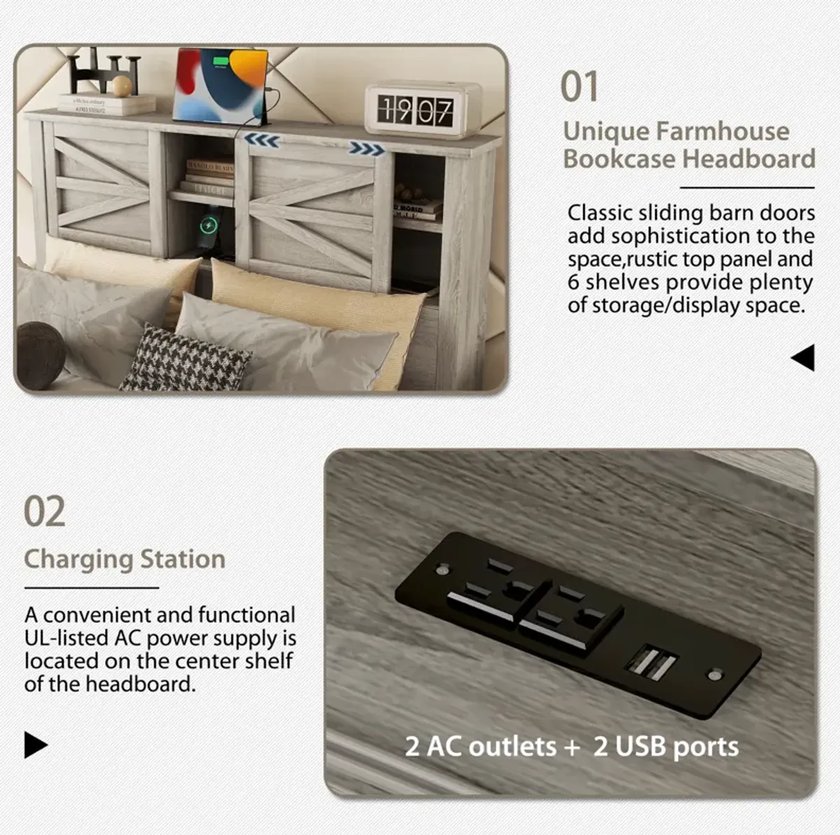 Merax Farmhouse Platform Bed with Charging Station