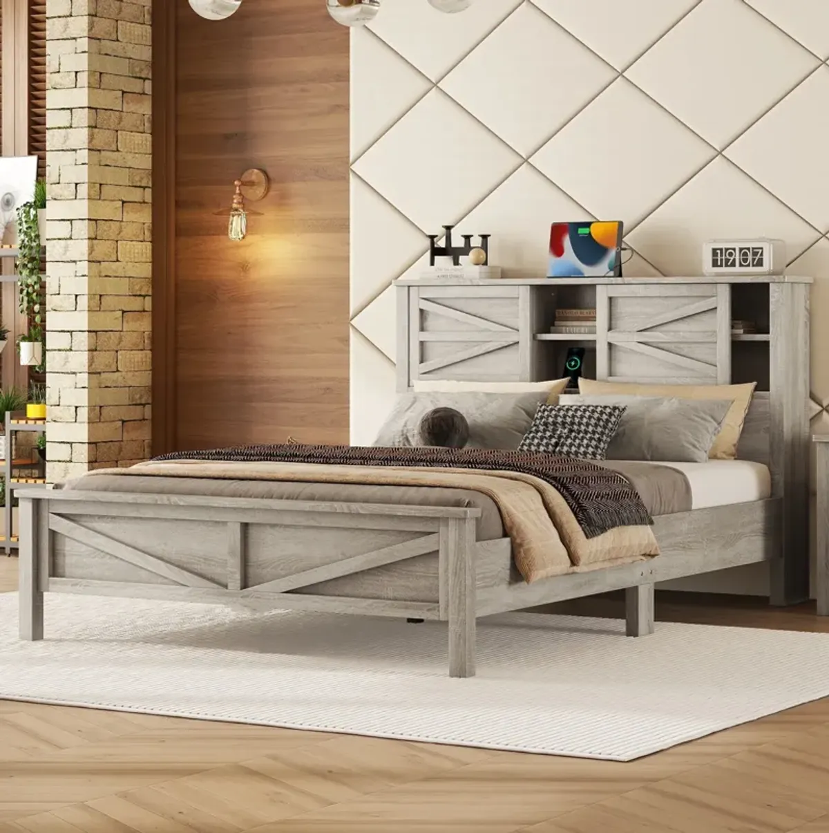 Merax Farmhouse Platform Bed with Charging Station