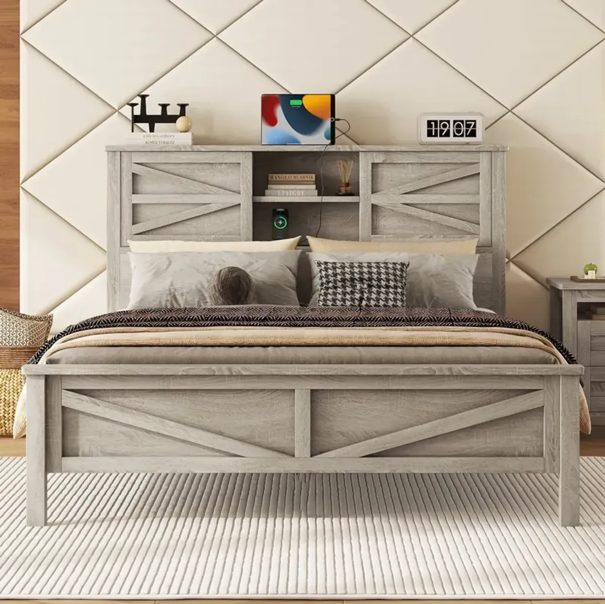 Merax Farmhouse Platform Bed with Charging Station