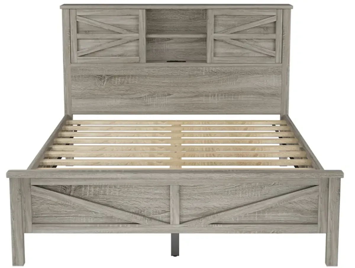 Merax Farmhouse Platform Bed with Charging Station