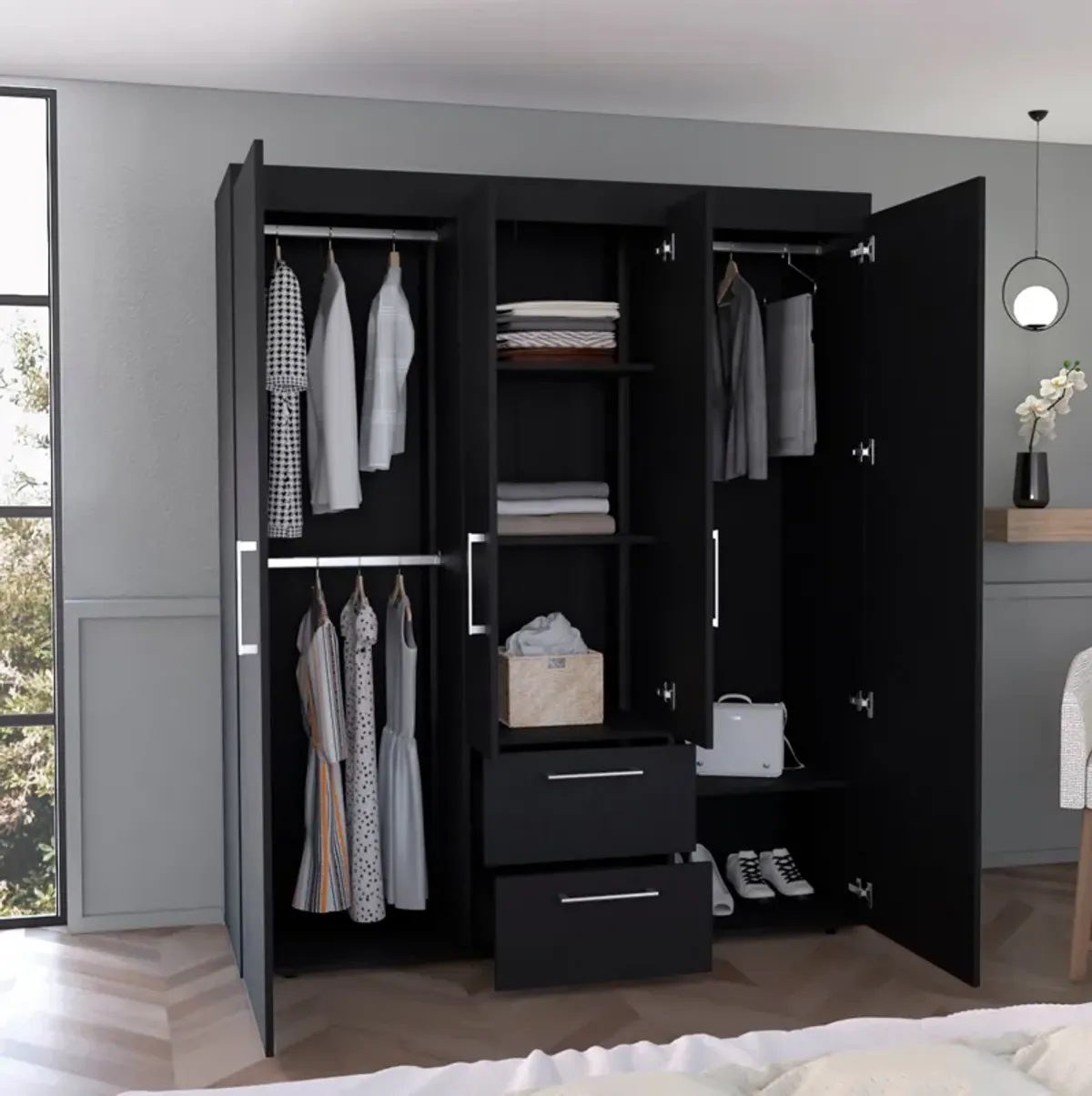 Bariloche Wardrobe, Multi-Section Storage with Hanging Rods, Shelves, and 2 Drawers-Black