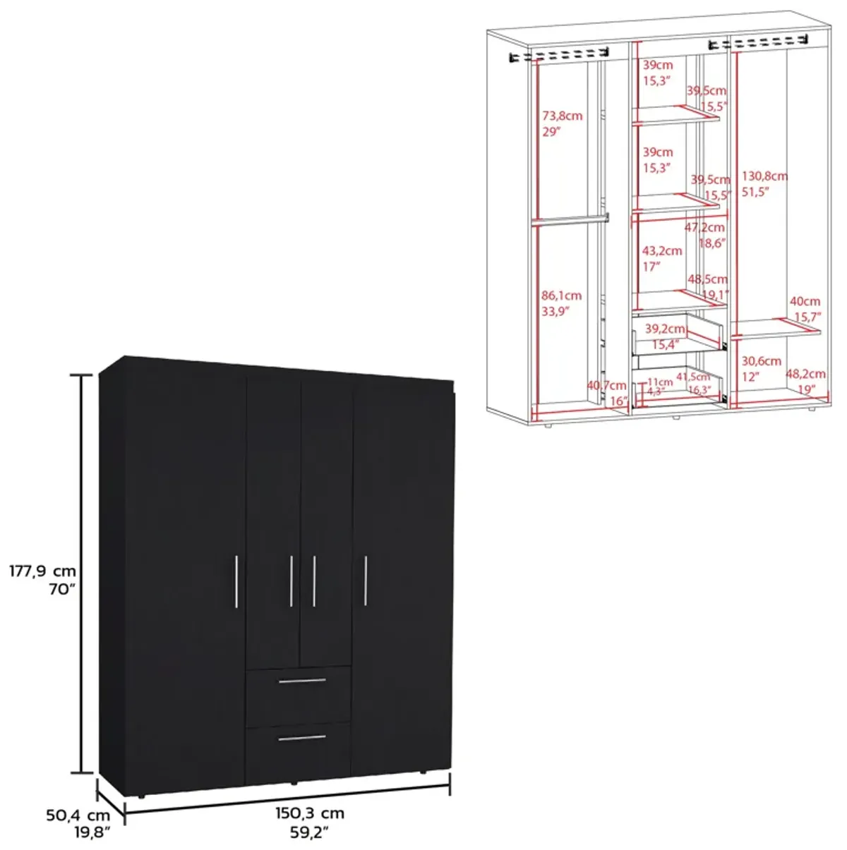 Bariloche Wardrobe, Multi-Section Storage with Hanging Rods, Shelves, and 2 Drawers-Black