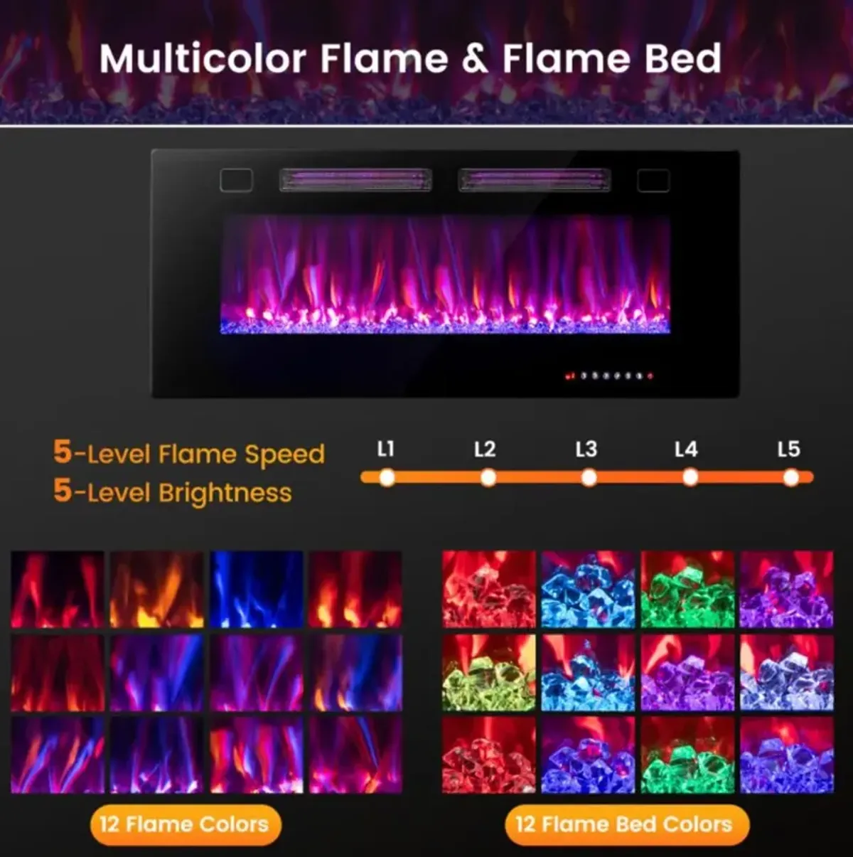 Hivvago 60-Inch Electric Fireplace with Decorative Crystals – Ultra-Thin Design"