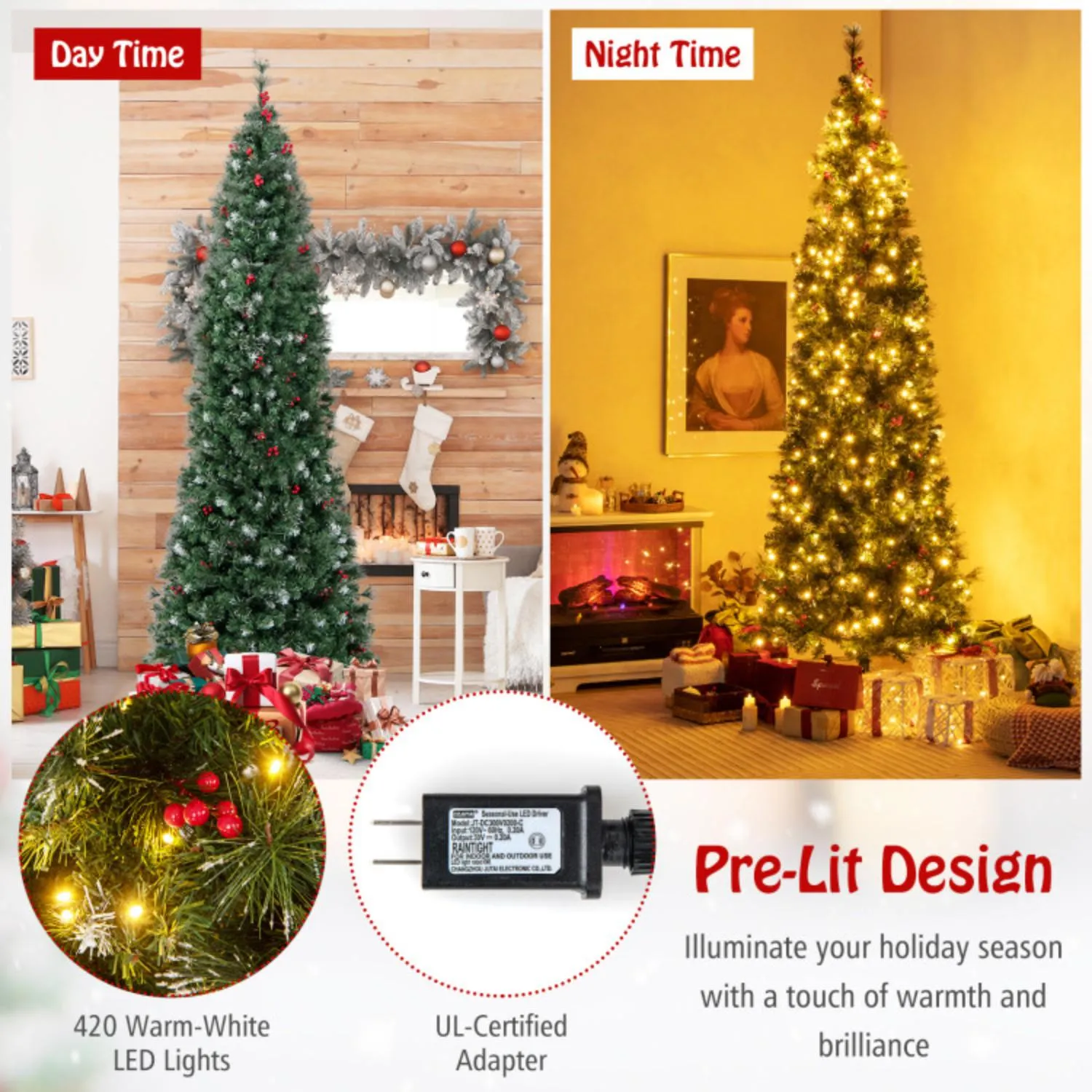 Hivvago 5/6/7/8/9 FT Pre-Lit Artificial Hinged Slim Pencil Christmas Tree