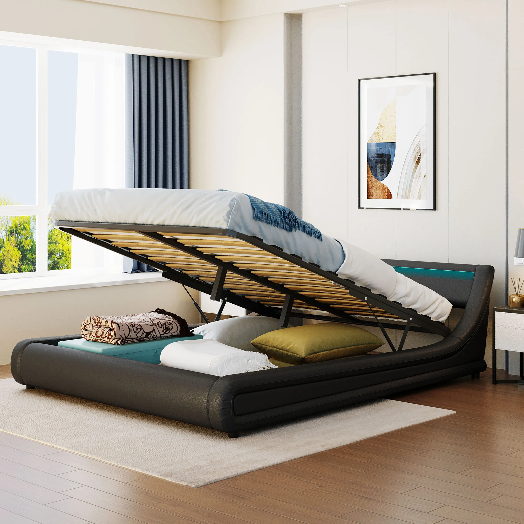 Merax Upholstered Faux Leather Platform Bed Storage Bed