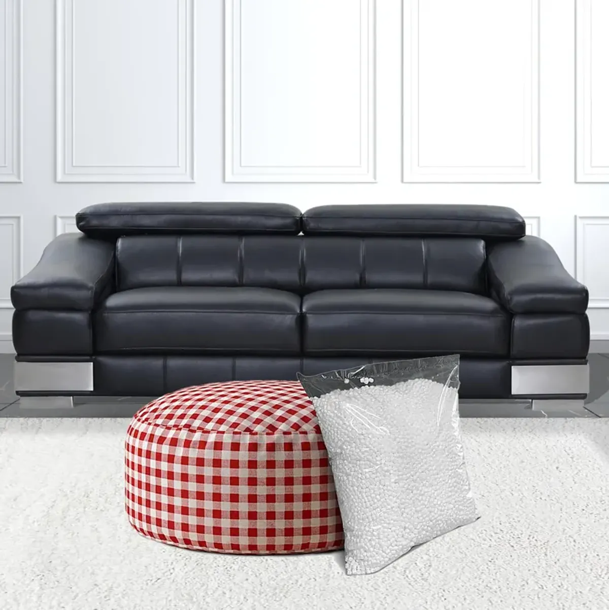 Hivvago 24" Red And White Cotton Round Gingham Pouf Ottoman