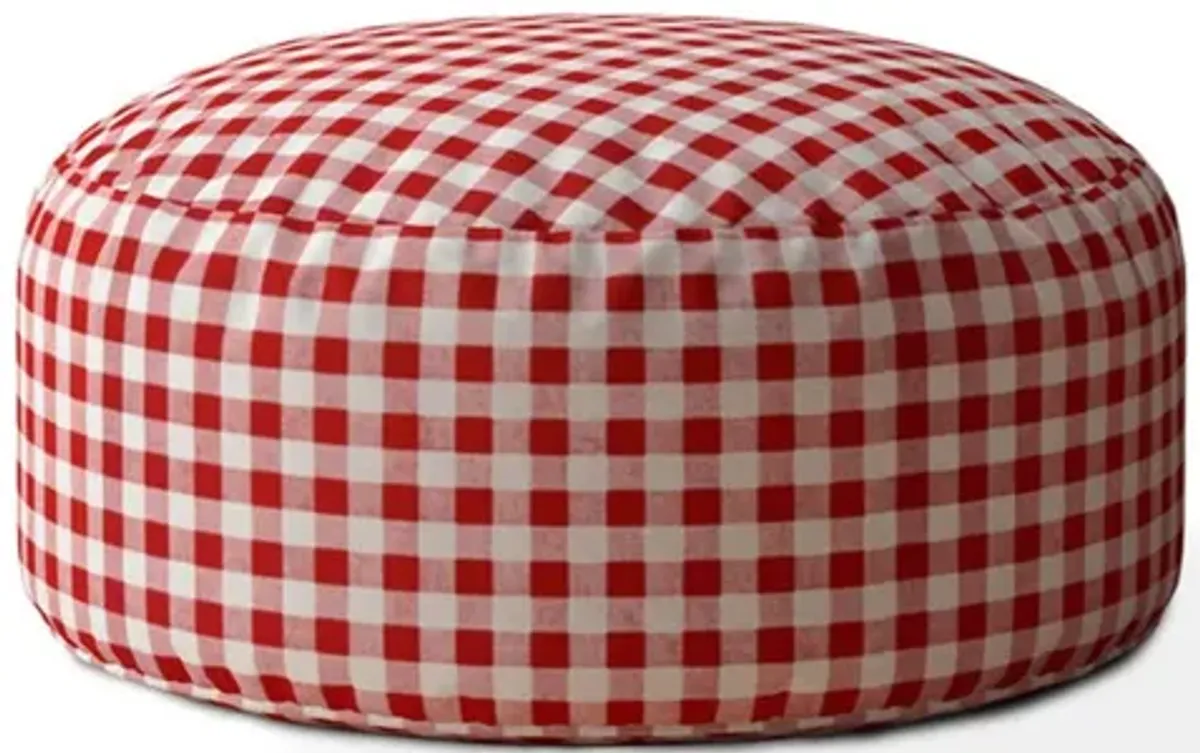 Homezia 24" Red And White Cotton Round Gingham Pouf Ottoman