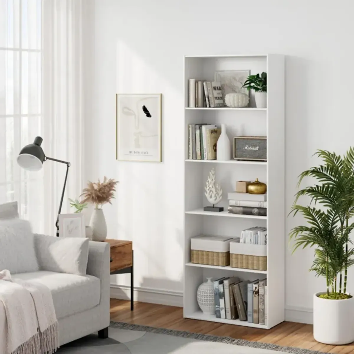 Hivvago 5-Shelf Storage Bookcase Modern Multi-Functional Display Cabinet-White