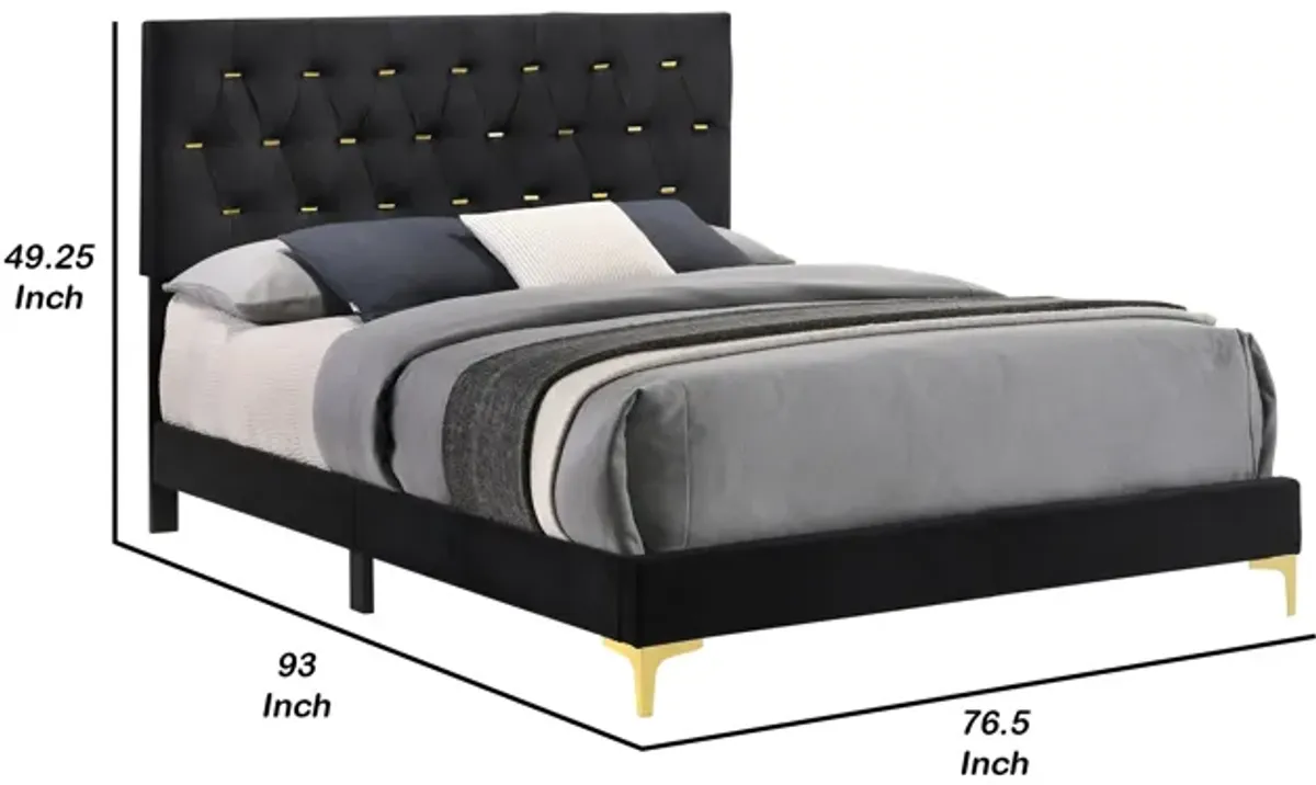 Lif Platform California King Size Bed, Tufted Headboard, Gold, Black Velvet-Benzara