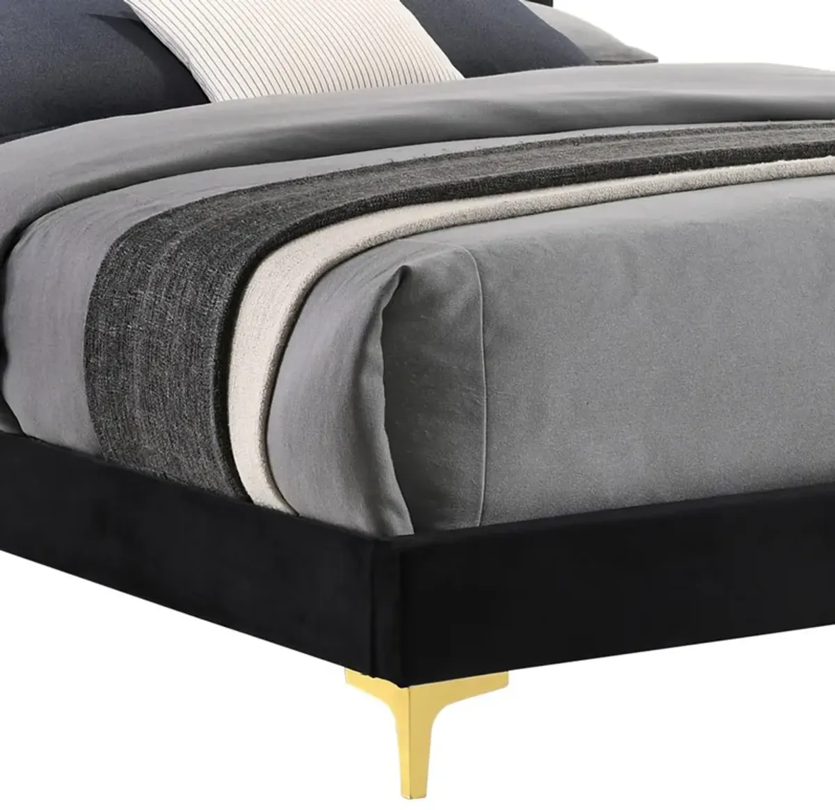 Lif Platform California King Size Bed, Tufted Headboard, Gold, Black Velvet-Benzara