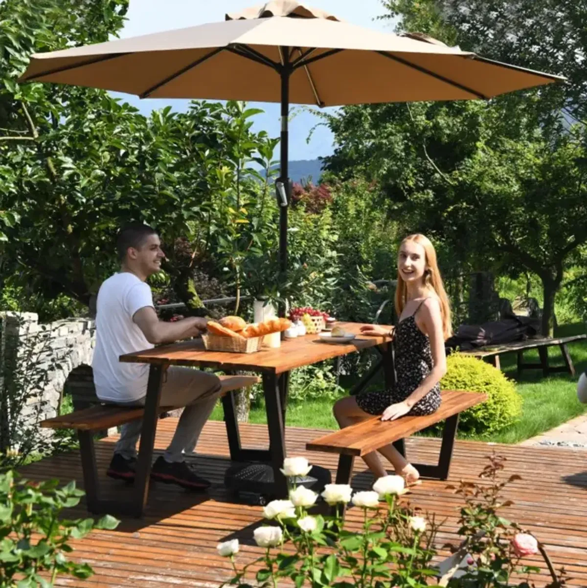 Hivvago Patented 70 Inch Dining Table Set with Seats and Umbrella Hole