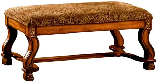 Wooden Bench with Paisley Printed Fabric Seat and Curved Legs, Oak Brown-Benzara