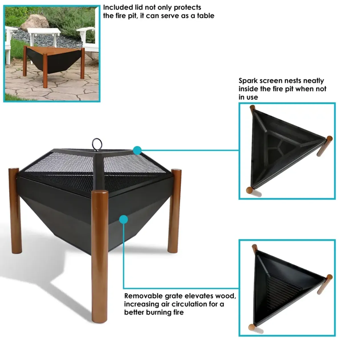 Sunnydaze 31 in Triangle Steel Fire Pit Table with Grate, Poker, and Screen