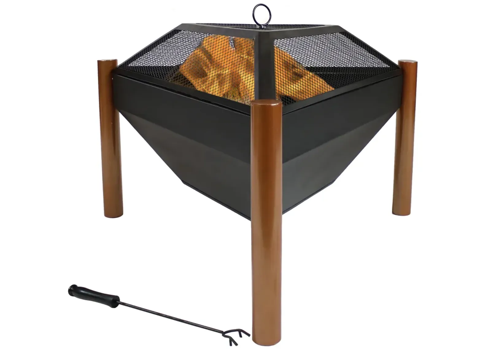 Sunnydaze 31 in Triangle Steel Fire Pit Table with Grate, Poker, and Screen