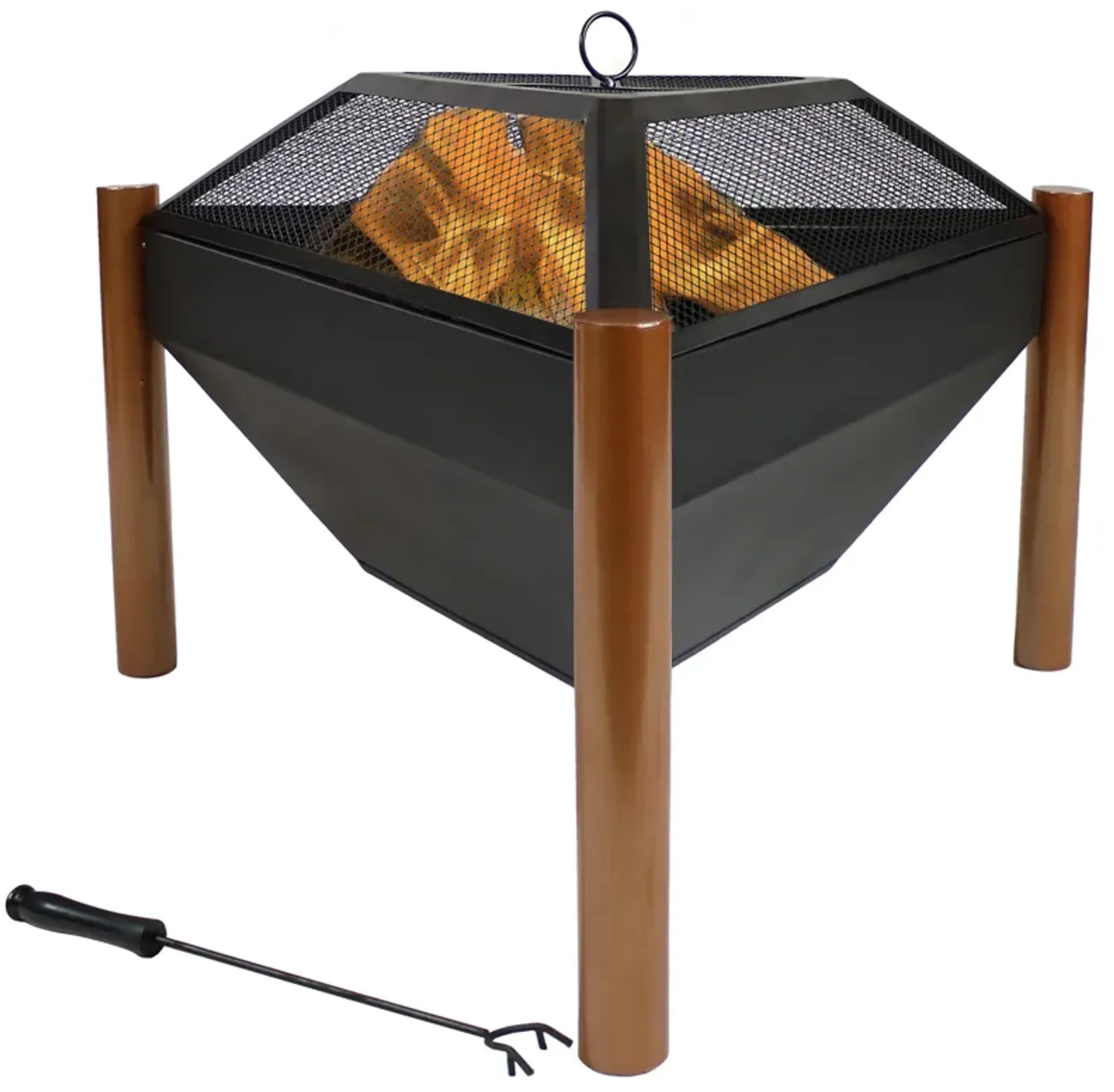 Sunnydaze 31 in Triangle Steel Fire Pit Table with Grate, Poker, and Screen