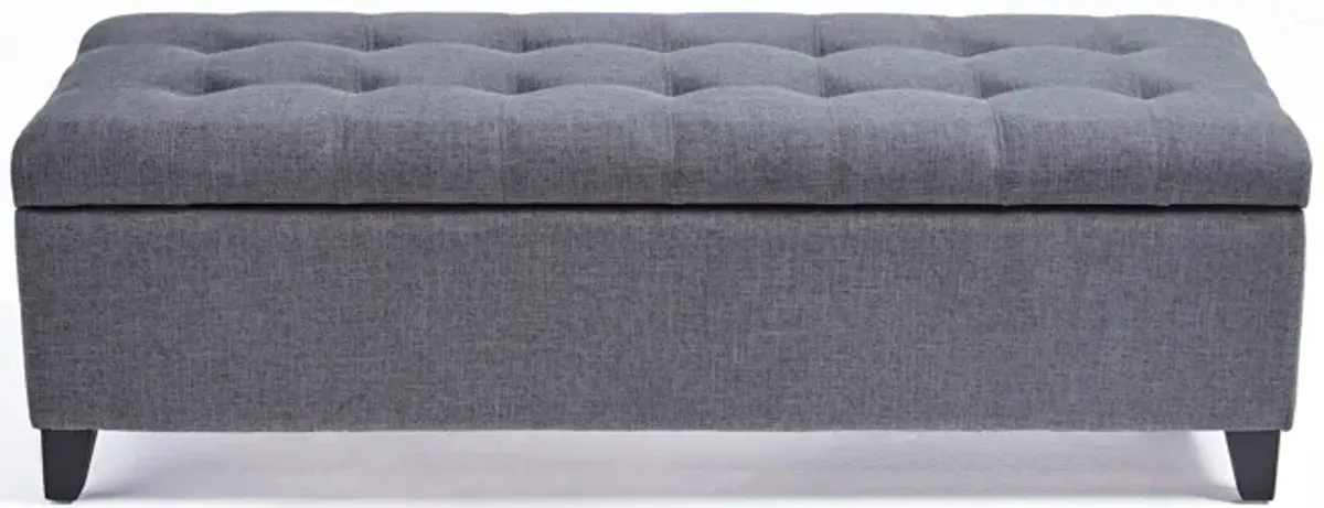 Nira Storage Ottoman Bench, Button Tufted Dark Gray Fabric, 51 Inch - Benzara