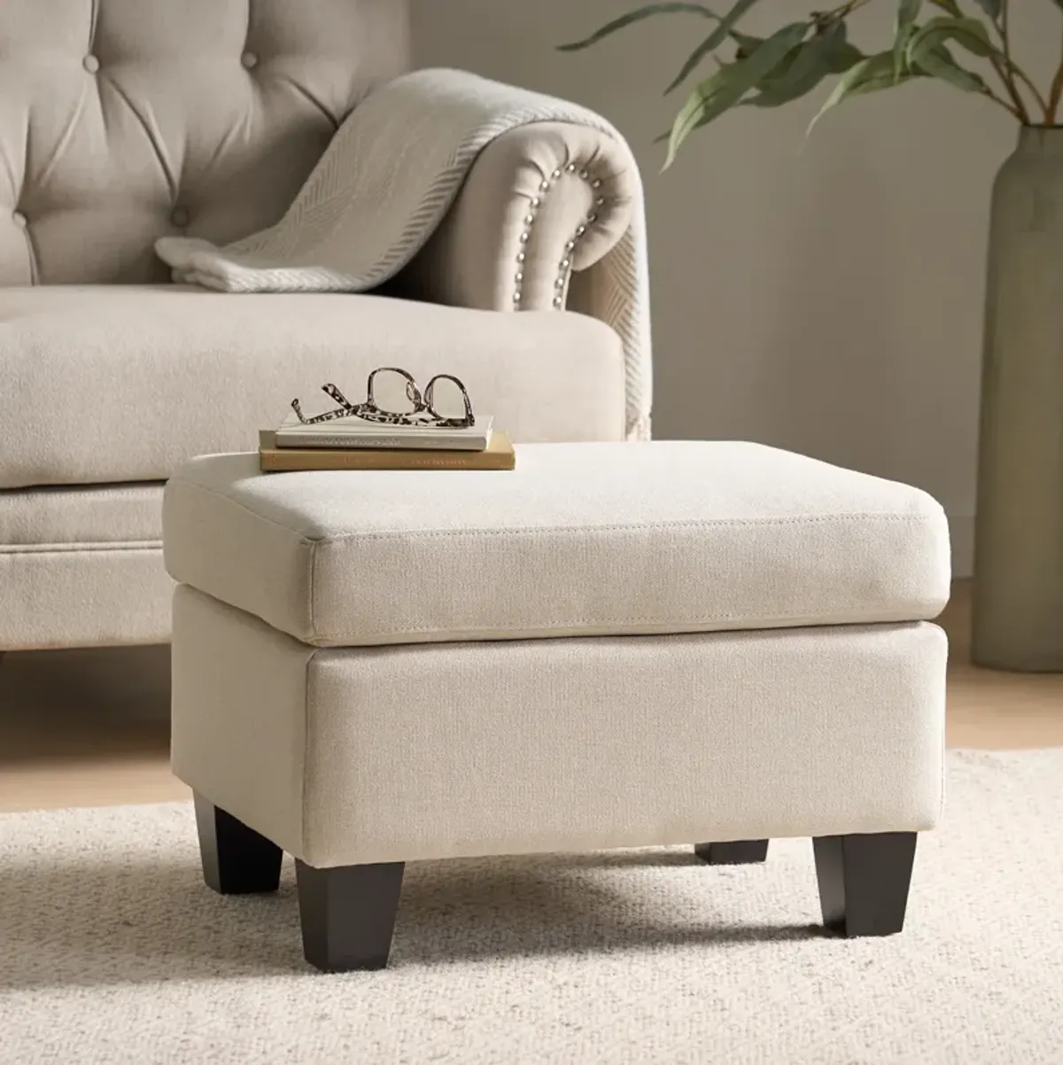 Cozy and Chic Ottoman Upholstered Elegance, Birch Wood Charm