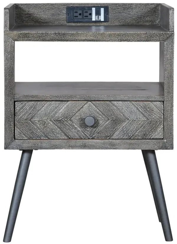 Shon 25 Inch Raised Top Wood End Side Table Nightstand with USB, Power Outlet, Distressed Gray-Benzara