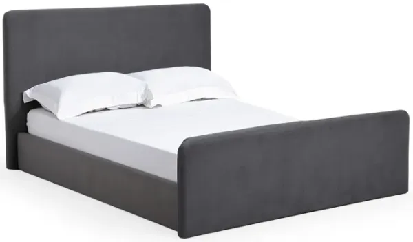 Cave Queen Size Platform Bed, Soft Velvet Upholstered, Charcoal Gray - Benzara