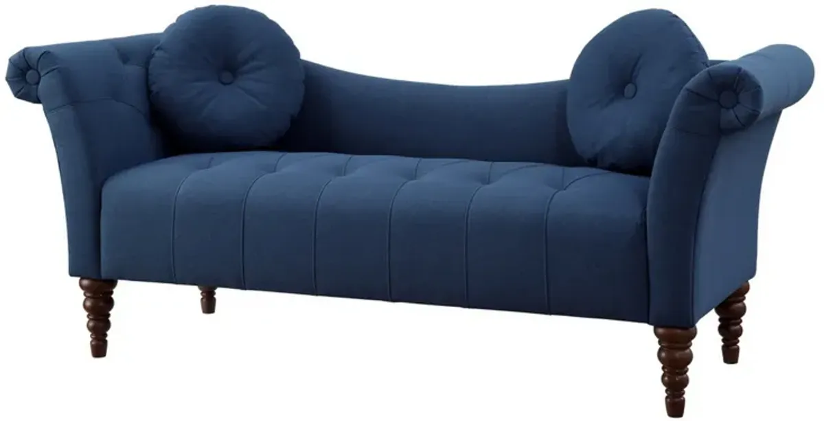 Ria 75 Inch Settee Chaise, 2 Pillows, Blue Polyester, Brown Solid Wood - Benzara