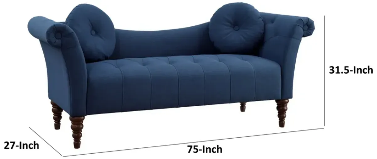 Ria 75 Inch Settee Chaise, 2 Pillows, Blue Polyester, Brown Solid Wood - Benzara