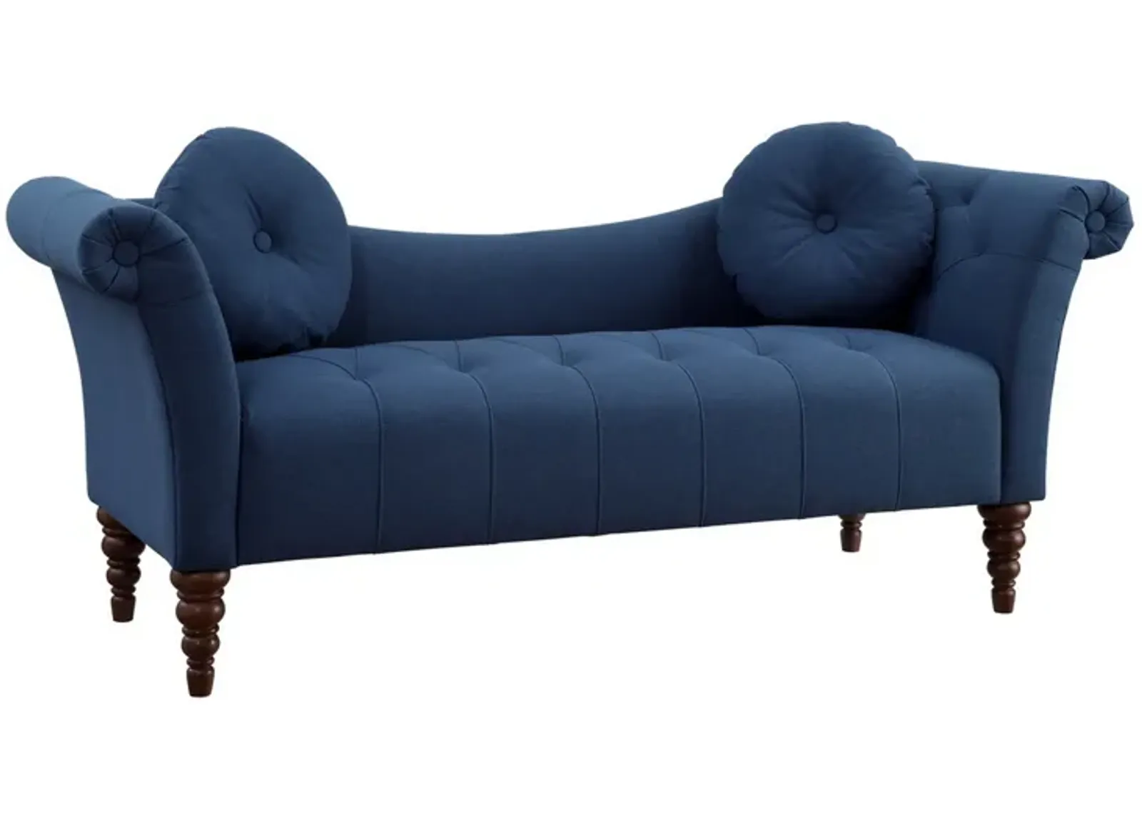 Ria 75 Inch Settee Chaise, 2 Pillows, Blue Polyester, Brown Solid Wood - Benzara