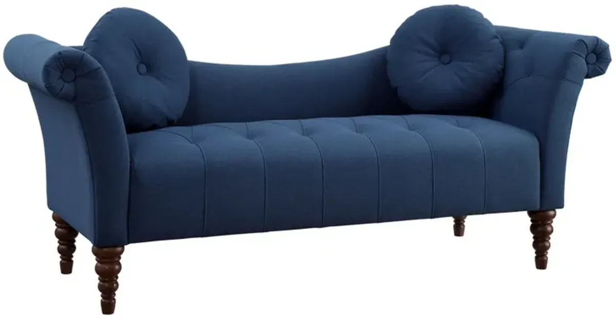 Ria 75 Inch Settee Chaise, 2 Pillows, Blue Polyester, Brown Solid Wood - Benzara