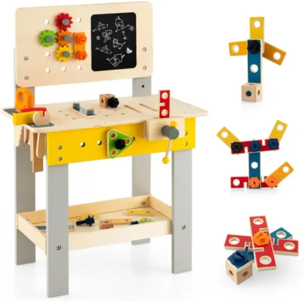 Hivvago Wooden Pretend Play Workbench Set with Blackboard for Toddlers Ages 3+