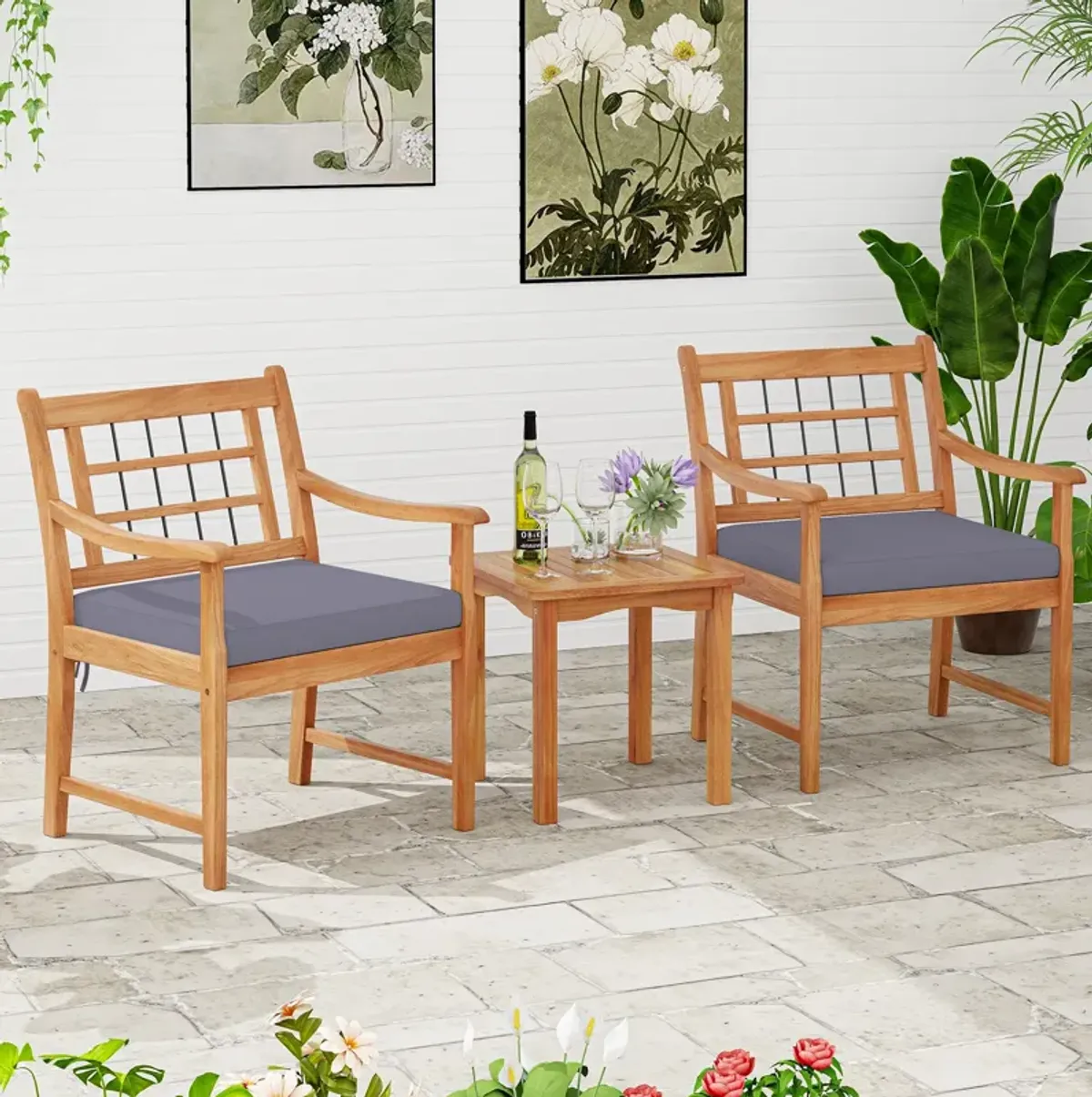 3 Piece Wood Patio Furniture Set with Seat Cushions and Acacia Wood Frame