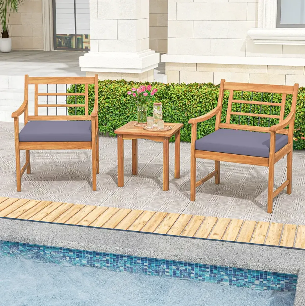 3 Piece Wood Patio Furniture Set with Seat Cushions and Acacia Wood Frame