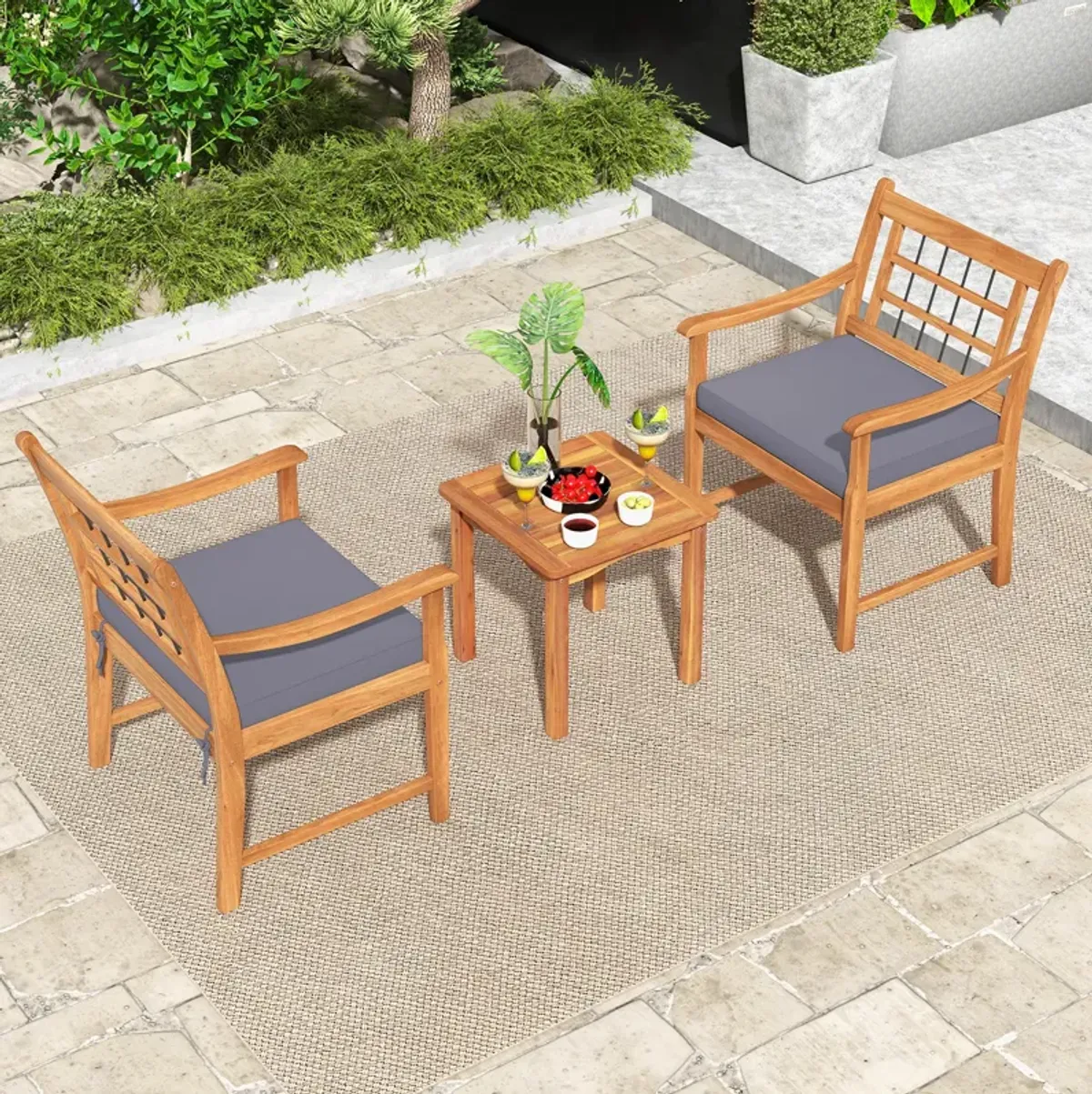 3 Piece Wood Patio Furniture Set with Seat Cushions and Acacia Wood Frame