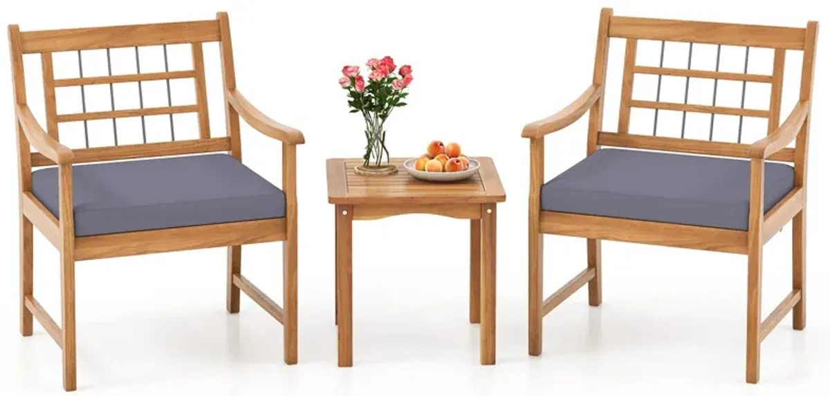 3 Piece Wood Patio Furniture Set with Seat Cushions and Acacia Wood Frame