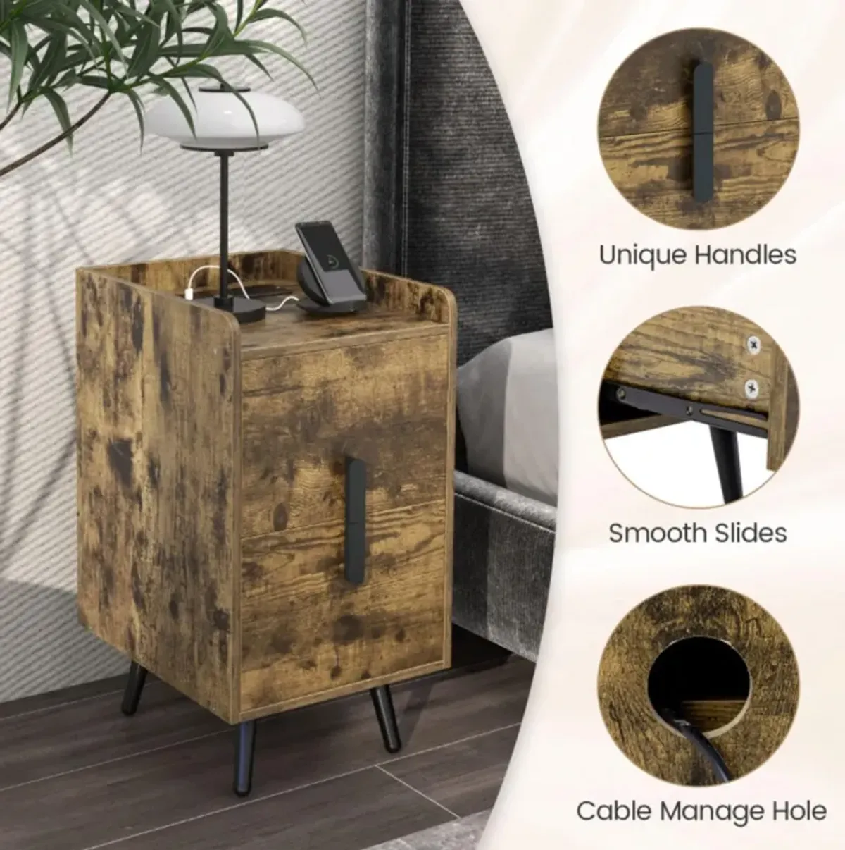 Hivvago Nightstand Side Tables with 2 Drawers and 2 USB Ports