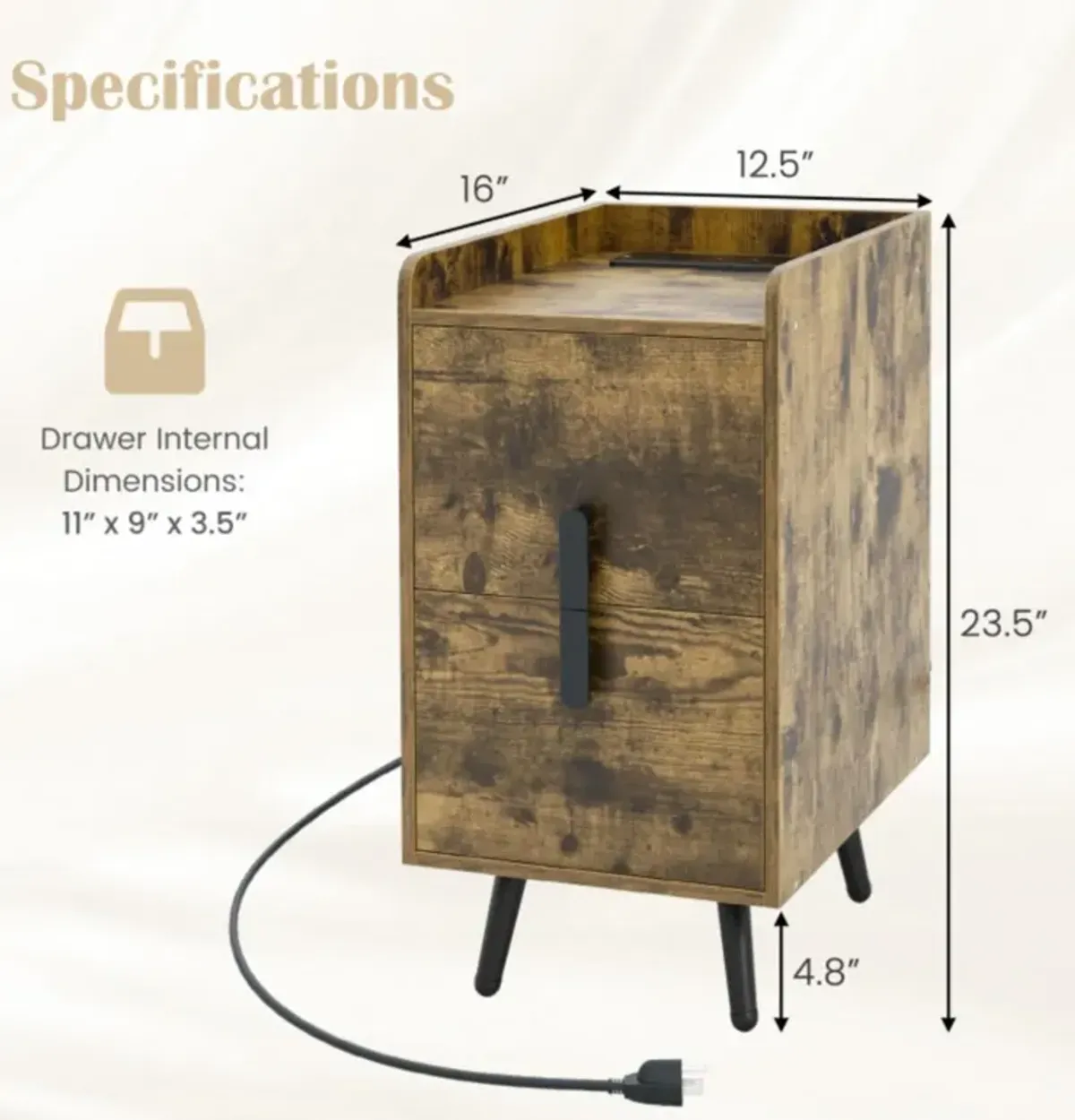 Hivvago Nightstand Side Tables with 2 Drawers and 2 USB Ports