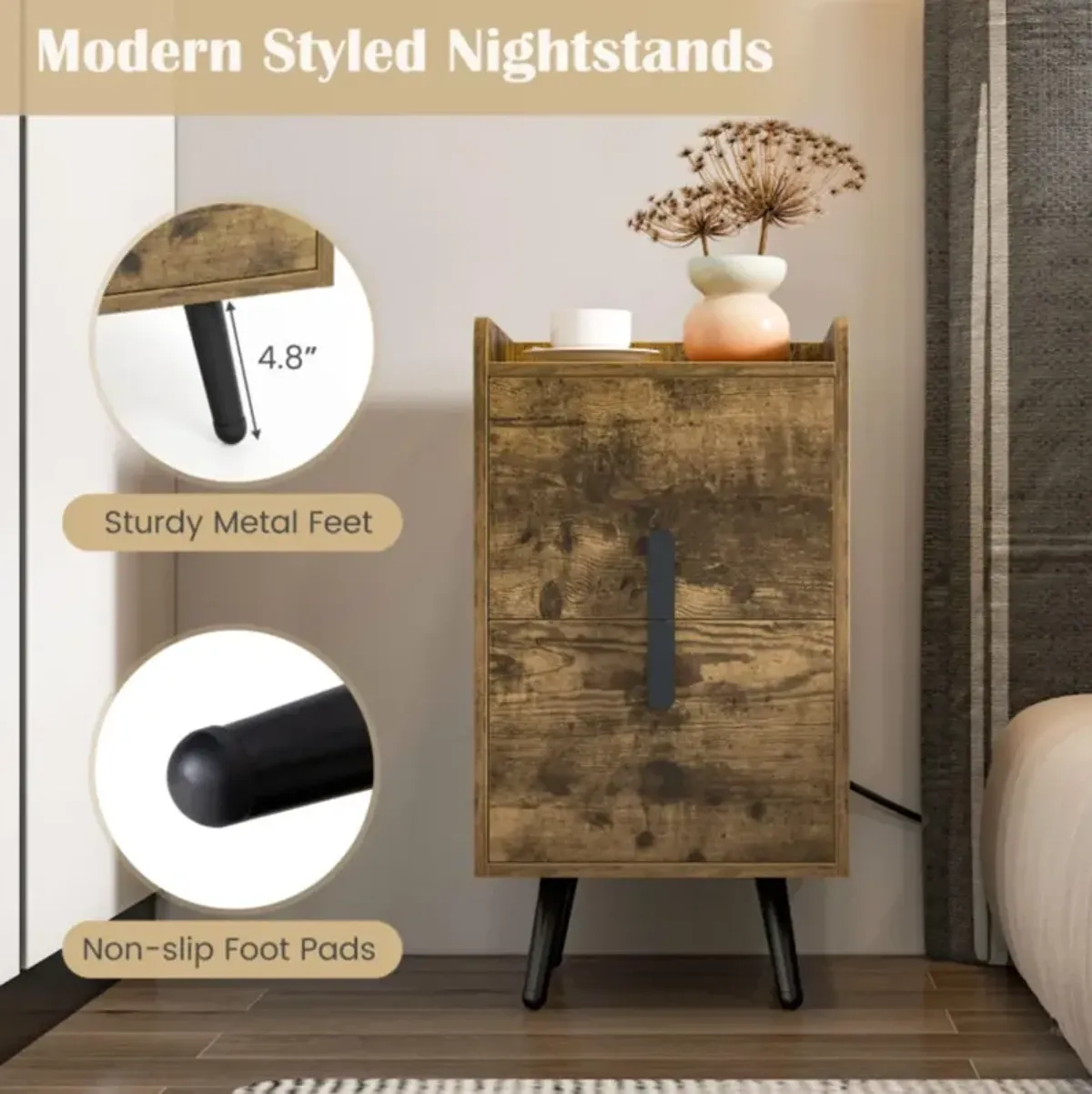 Hivvago Nightstand Side Tables with 2 Drawers and 2 USB Ports