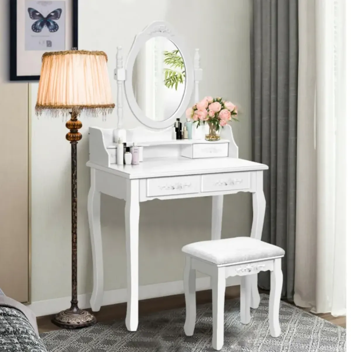 Hivvago Wood Vanity Table Set with Oval Mirror and 4 Drawers for Kids Girls Women-White