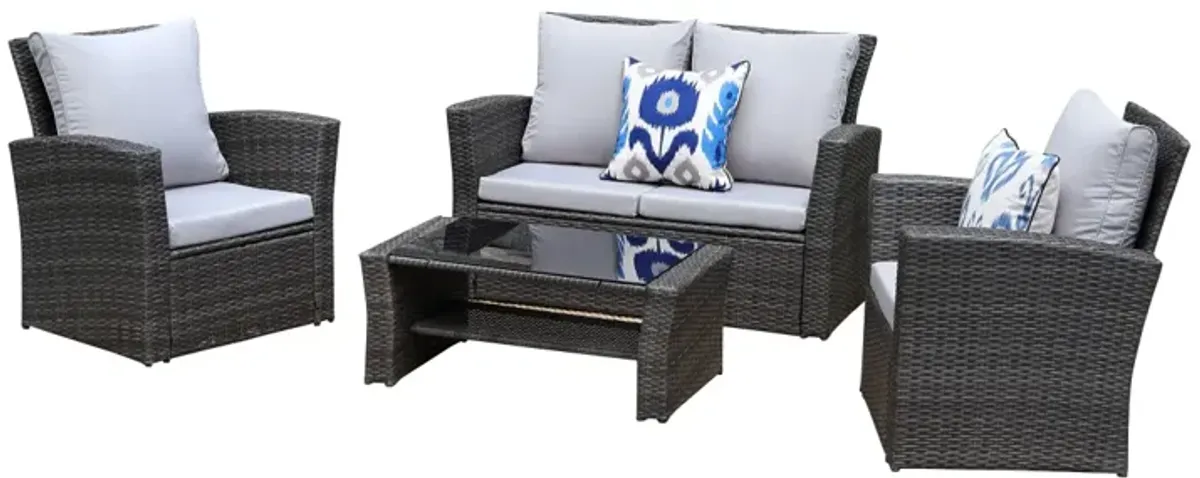 4-Pieces PE Rattan Wicker Outdoor Patio Furniture Set With Grey Cushions