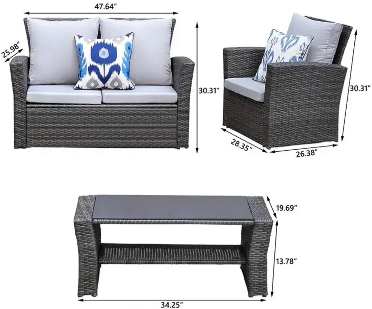 4-Pieces PE Rattan Wicker Outdoor Patio Furniture Set With Grey Cushions