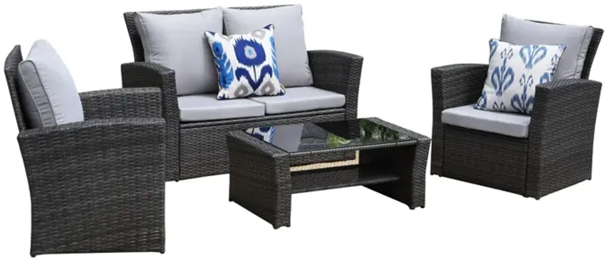 4-Pieces PE Rattan Wicker Outdoor Patio Furniture Set With Grey Cushions