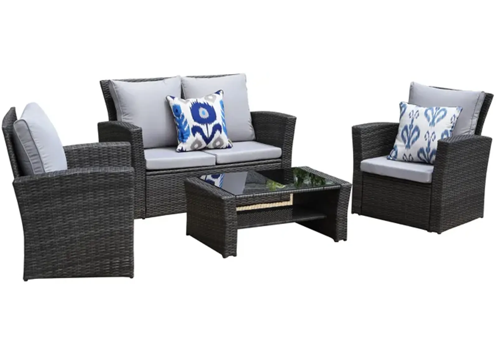 4-Pieces PE Rattan Wicker Outdoor Patio Furniture Set With Grey Cushions