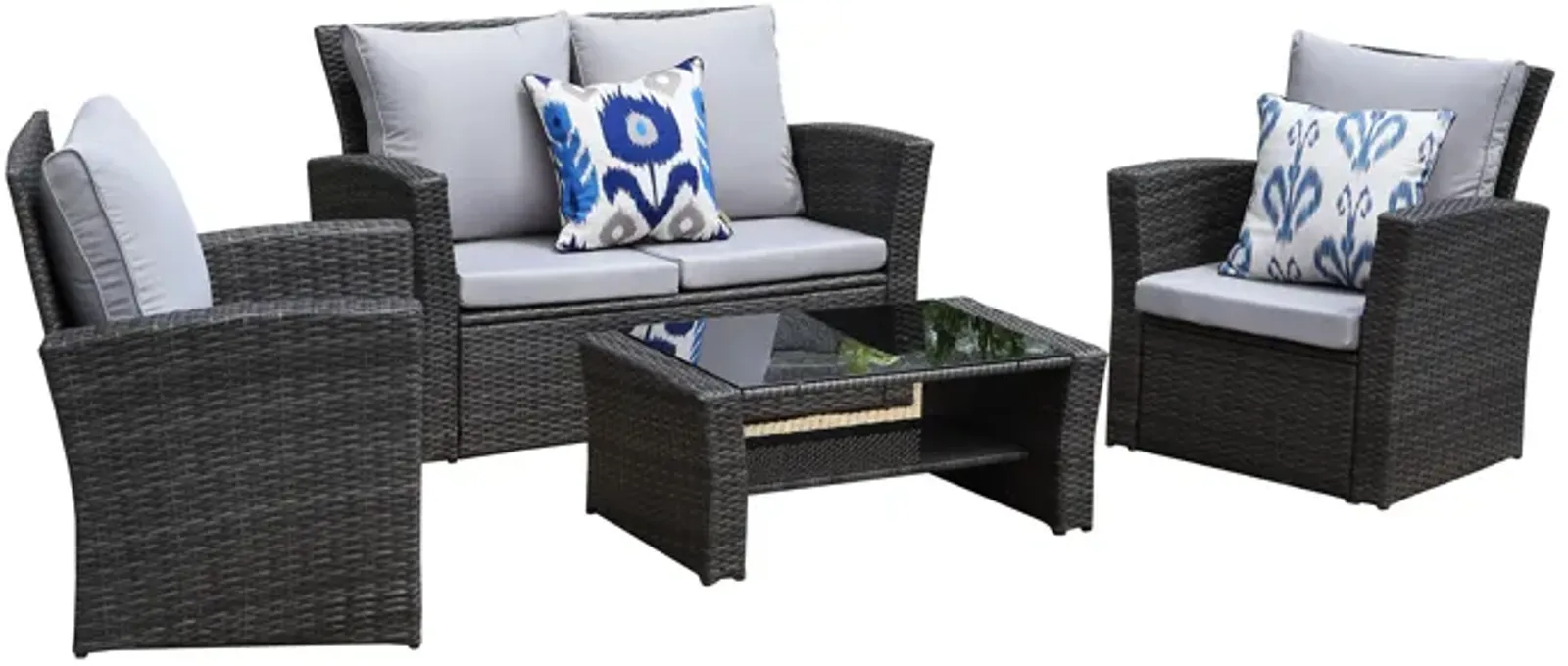 4-Pieces PE Rattan Wicker Outdoor Patio Furniture Set With Grey Cushions