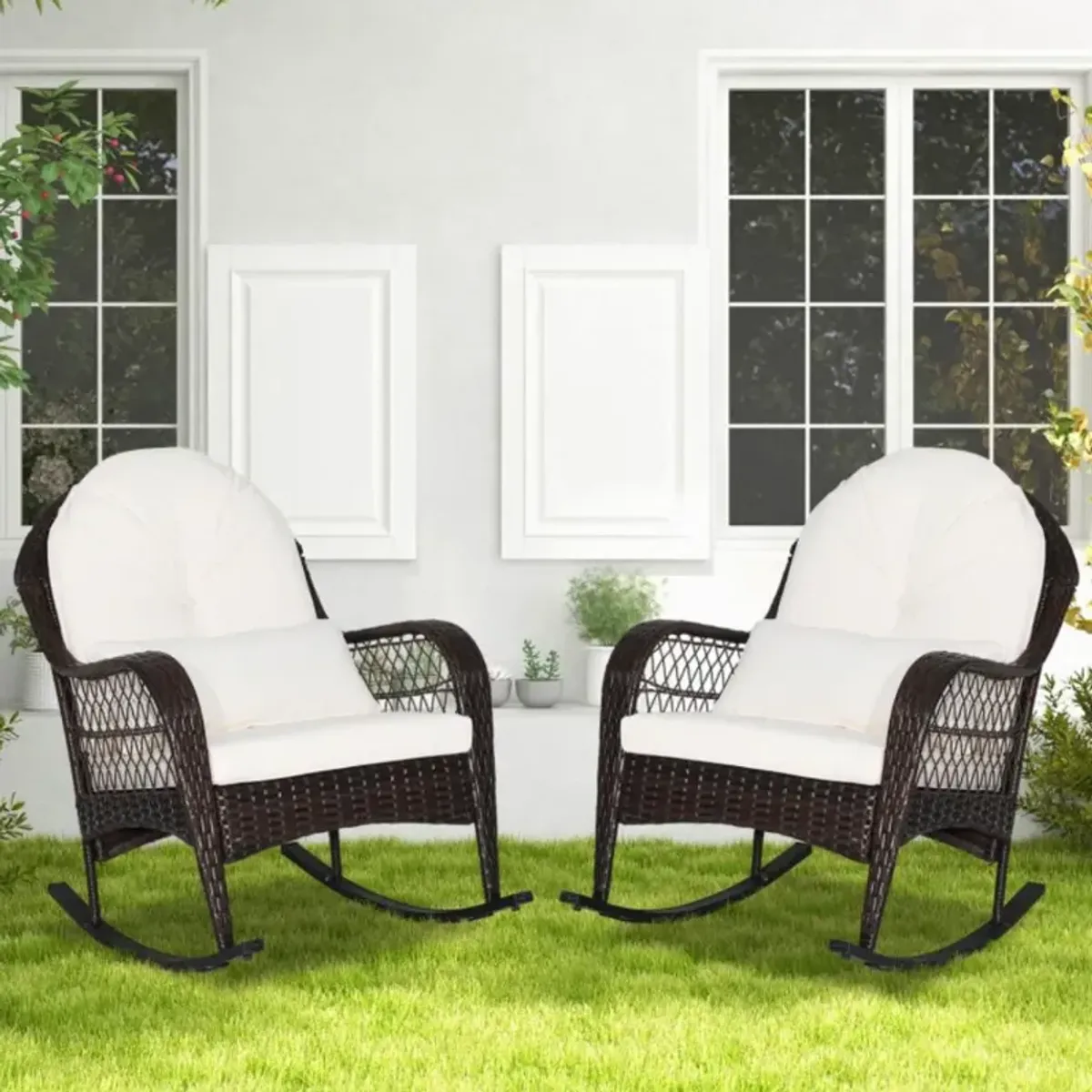 Hivvago Patio Rattan Rocking Chair with Seat Back Cushions and Waist Pillow