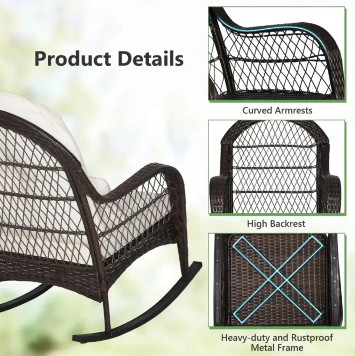 Hivvago Patio Rattan Rocking Chair with Seat Back Cushions and Waist Pillow